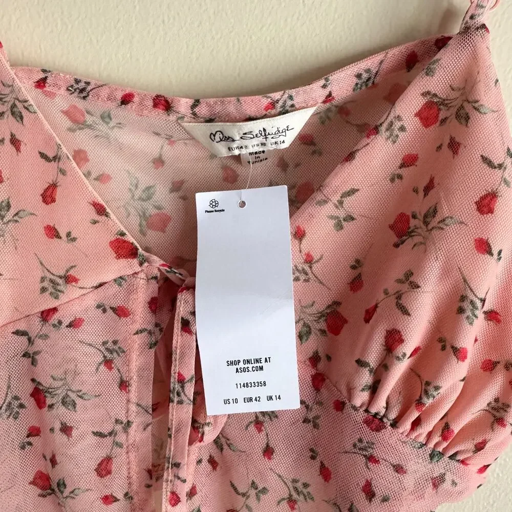 Miss Selfridge Pink + Red Rose Print Sheer Crop Tank Top Size 10 NWT Festival
